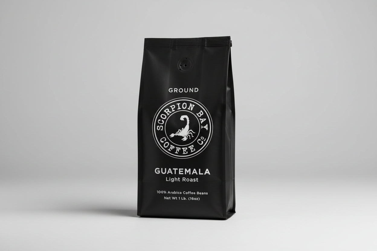 Scorpion Bay Coffee Co. Guatemala light roast coffee package label on a black background